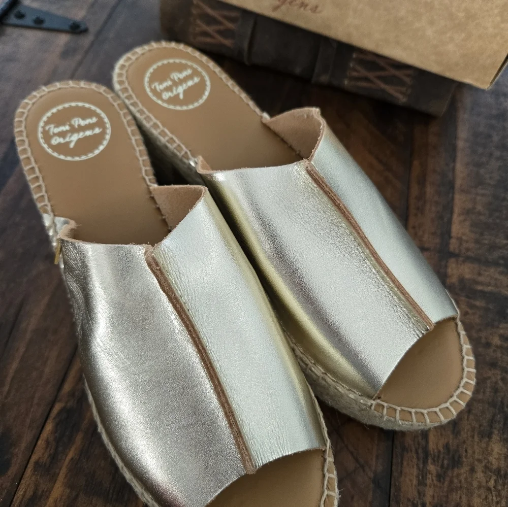 Toni Pons Metallic Gold Espadrille Wedge Slide